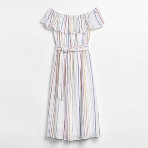 Gap Off-Shoulder Metallic Stripe Ruffle Midi Dress